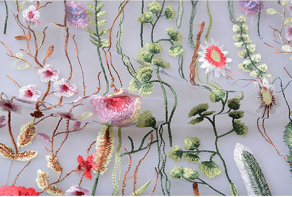 Heavy Embroidered Floral Tulle Lace , Delicate White Mesh Bridal Lace Fabric By The Yard