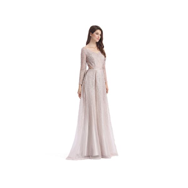 Champagne Fluffy Arabic Style Dress , Long Sleeve Arabic Wedding Dress