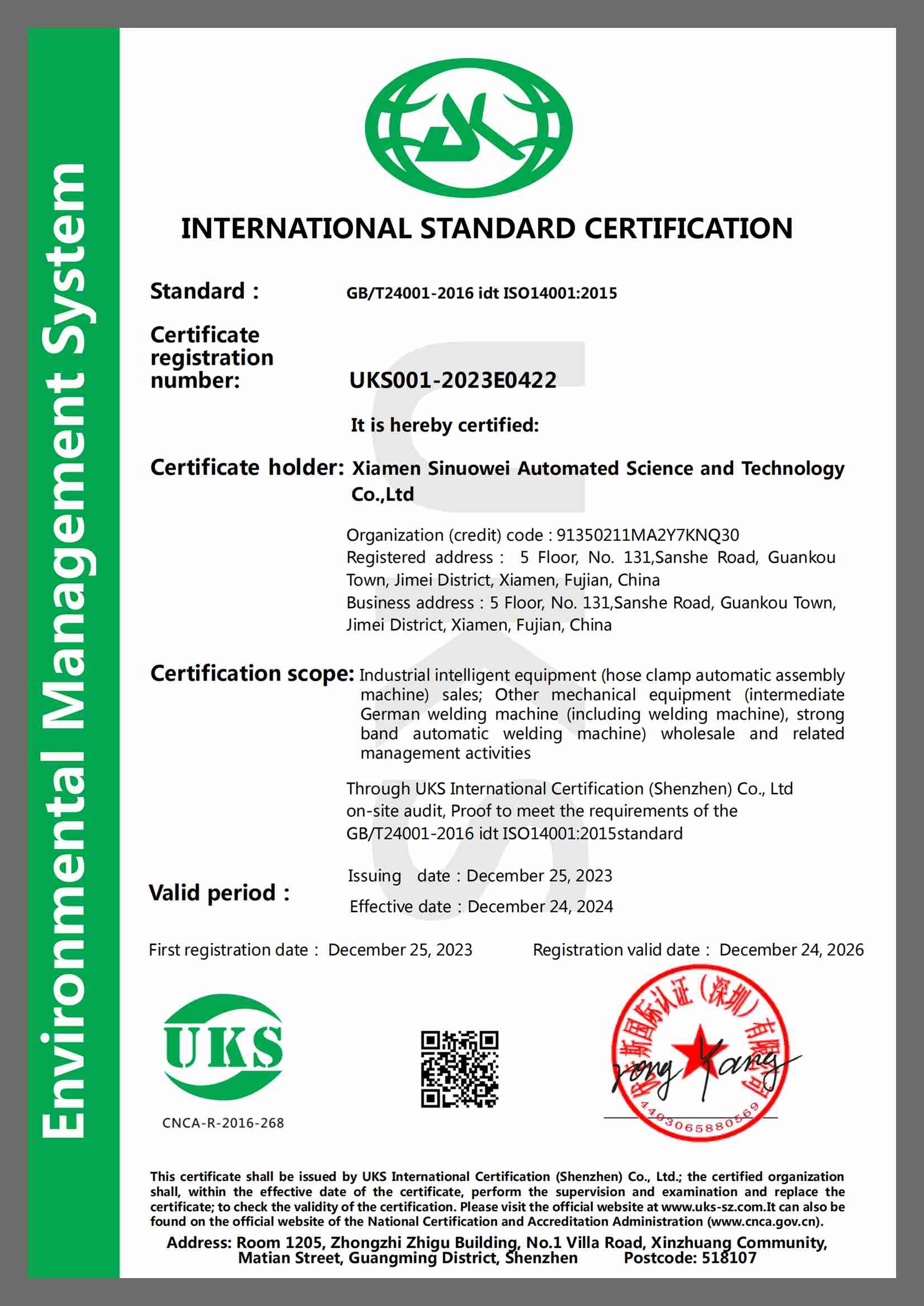 Xiamen Sinuowei Automated Science And Technology Co., Ltd. Сертификации