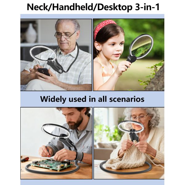 Neck-hanging LED Magnifier with 3X+5X Magnification, 130mm HD PMMA Lens, and Rechargeable LED Light