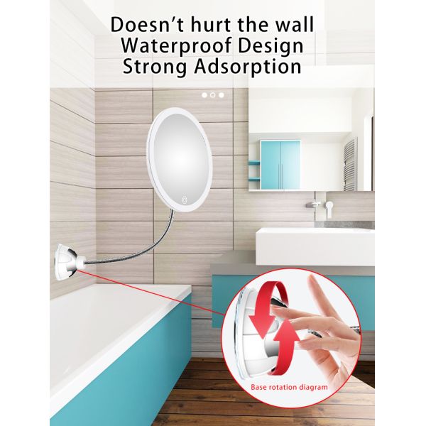 LED Lighted Bathroom Makeup Mirror 10X Magnifying - Goose Neck Wall Mounted with Suction Cup