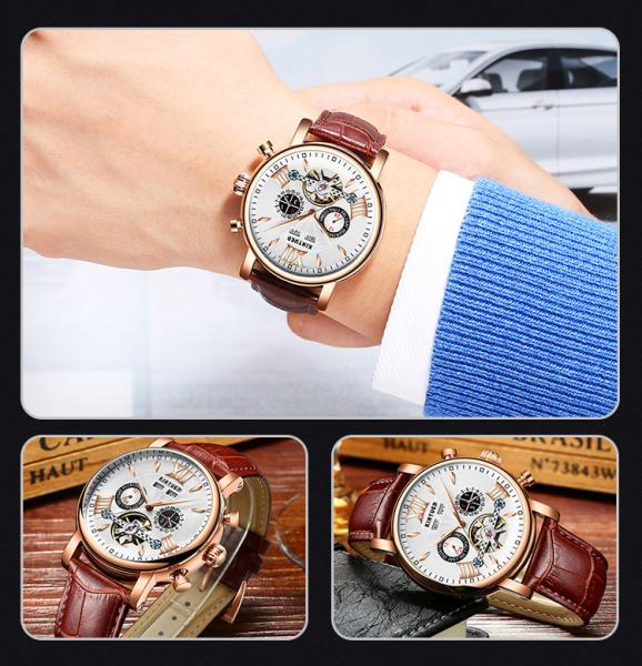 KINYUED J017-4  Gold Case Black Dial Leather Strap Complete Calendar Skeleton Waterproof Wristwatches montre homme