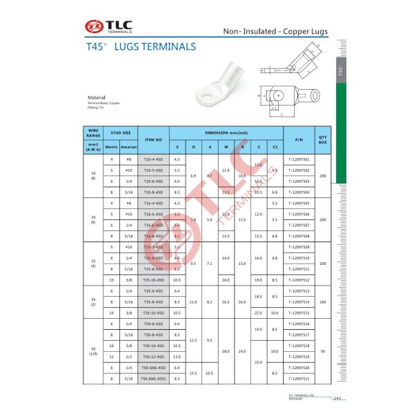 10-185mm2 Tin Plated Lugs Cable For Electrical Connection Terminal Lugs Tube Lugs 45D