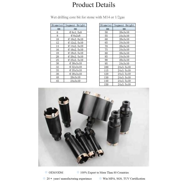 GB Vacuum Brazed Tile Core Drill Bit , Dry Core Bit M14-1/2 Gas Thread