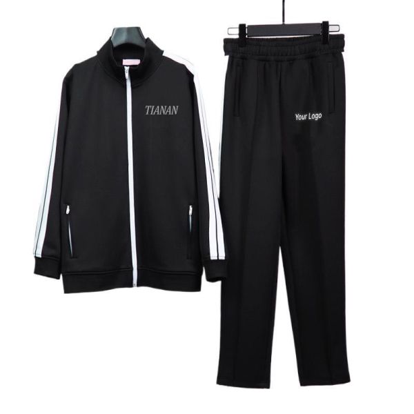 Custom Logo Casual Jogger Cotton Polyester Sweatsuit Baggy Side Striped Tracksuit Zip Jacket Flared Sweatpants and Hoodie Sets