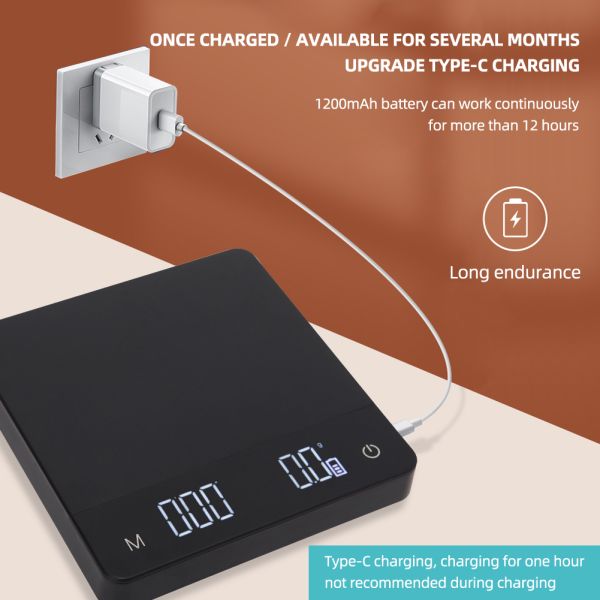 Digital Kitchen Scale with Type-C Charging Integrated Touch Screen Timer and Waterproof Design for Coffee and Food Measurement