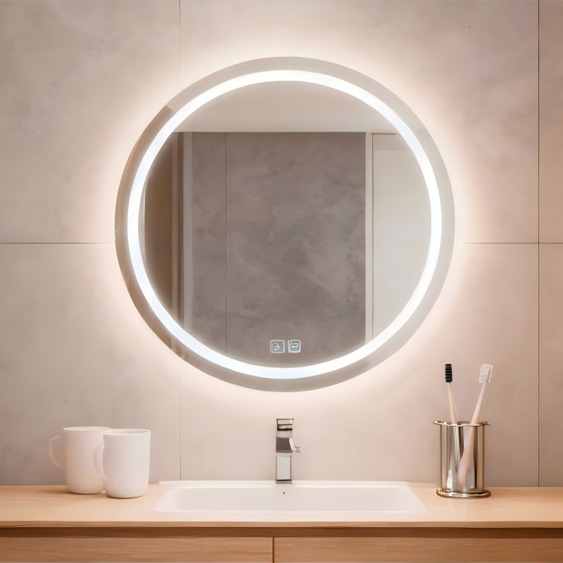 Modern frameless Round Bathroom Smart Mirror with LED Light - Anti-Fog Illuminated Vanity Makeup Mirror for Bathroom