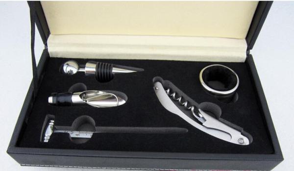 New Arrival 5pcs set pu leaher case silver stainless steel wood bottle opener corkscrew
