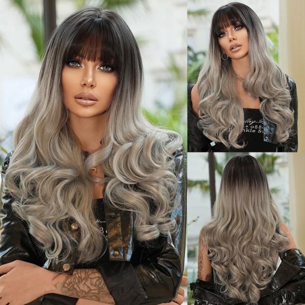 Fashion Long Body Wave Dark Root Hair Black/Grey Synthetic Wigs For Women