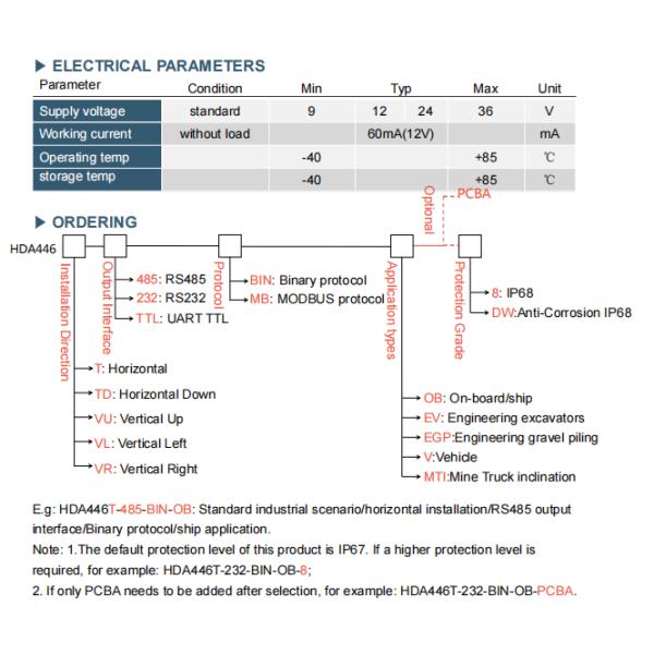 HDA446T DIGITAL OUTPUT DYNAMIC TILT SENSOR RS485/RS232/TTL Output signal