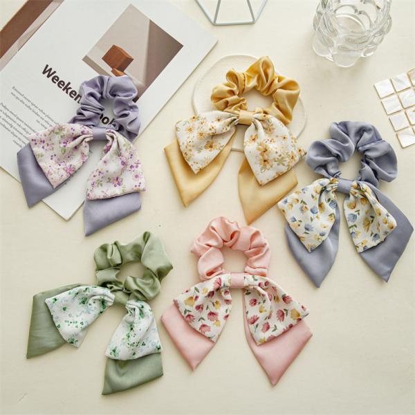 Floral double bow scrunchie girls lady rubber band high appearance horizontal tie hair rope streamer headstring