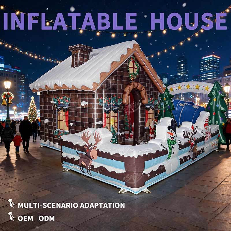 Inflatable Santa Grotto Gingerbread Cabin Christmas Theme Inflatable House Play Area for Kids Xmas Party Event Rental