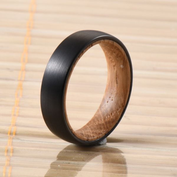 TRENDY 6mm Silver or Black Plated Whiskey Barrel Wood Tungsten Ring for Men's and Women's Wedding or Engagement Band