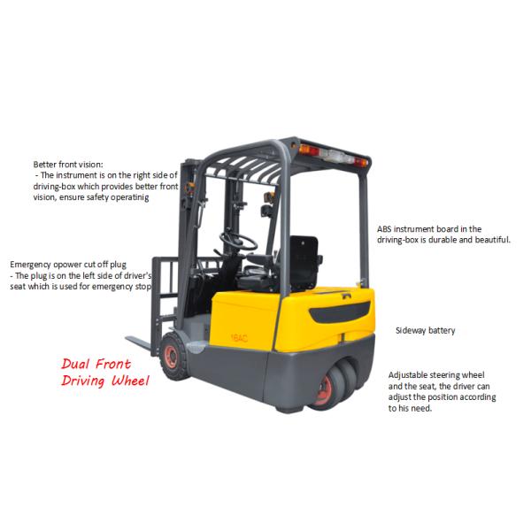 3m - 5m Dual Front Driving Three Wheel Electric Forklift With 1600kg Capacity