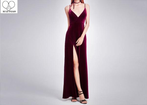Maroon Velvet A Line Dress Sling V Neck High Slit Back Invisible Zipper