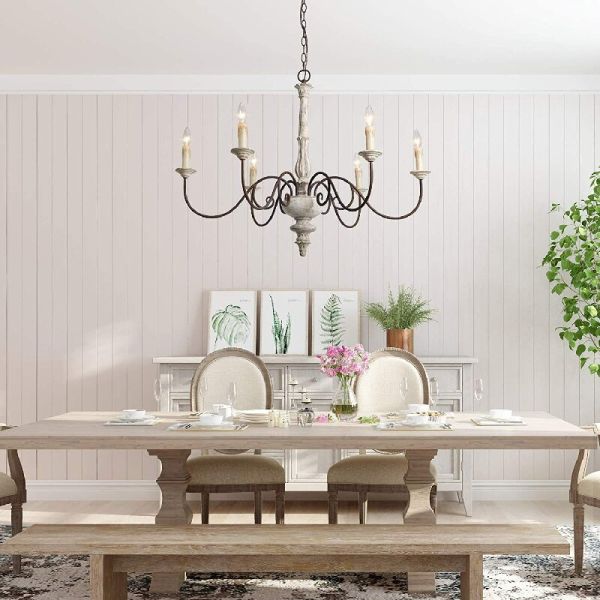 Antique Gold Floral Iron Frame Wooden Crystal Chandelier with Adjustable Height for Living Room Dining Room