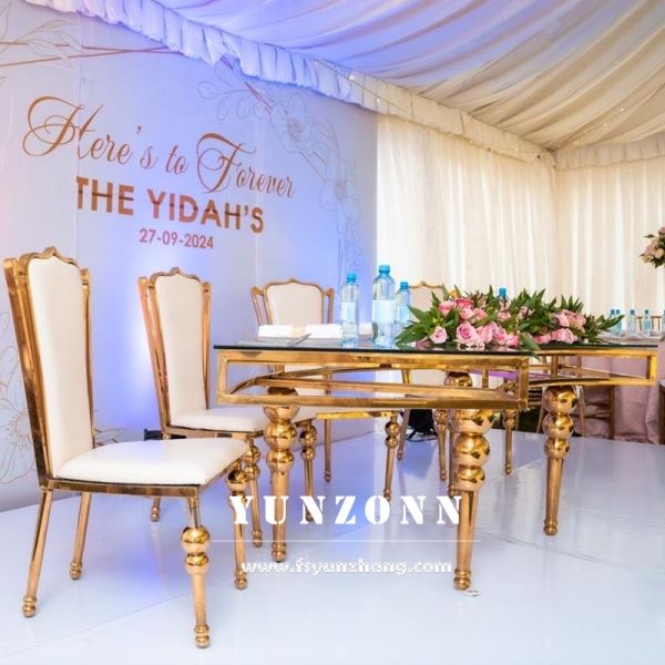 Romance Banquet Wedding Throne Dining Chair Rose Gold Durable Stainless Steel Synthetic Leather for Hotel Living Room Event
