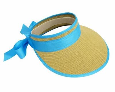 Straw Wide Brim Sun Visor Hat With Turquoise UPF Canvas Paper Braid / Metal Ring Closure