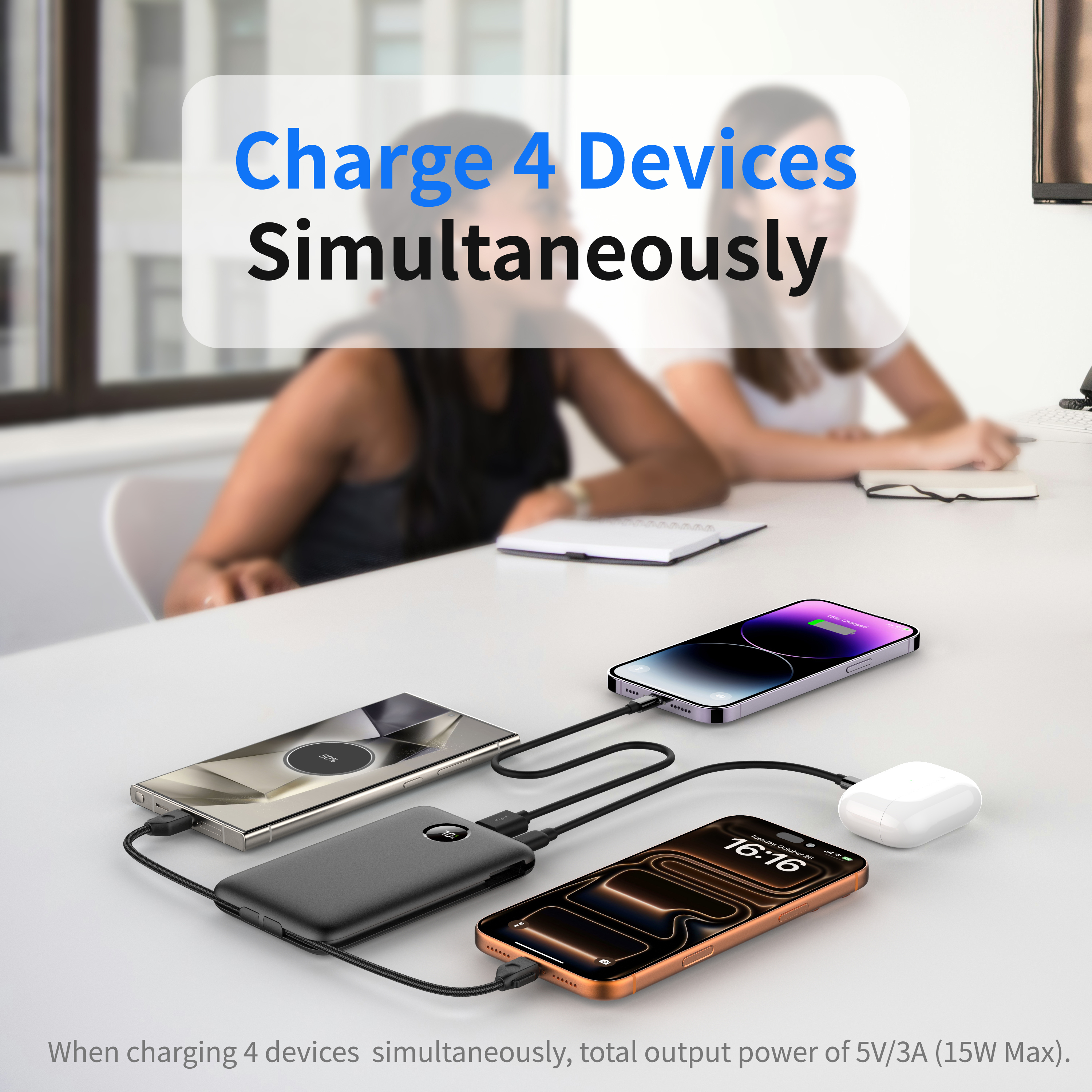 10000mAh Slim Portable Power Bank, Powerbank with 2 Built‑in Type‑C Cables PD 20W Fast Charging, USB‑A & USB‑C Port, Digital LCD Display Portable External Battery Pack