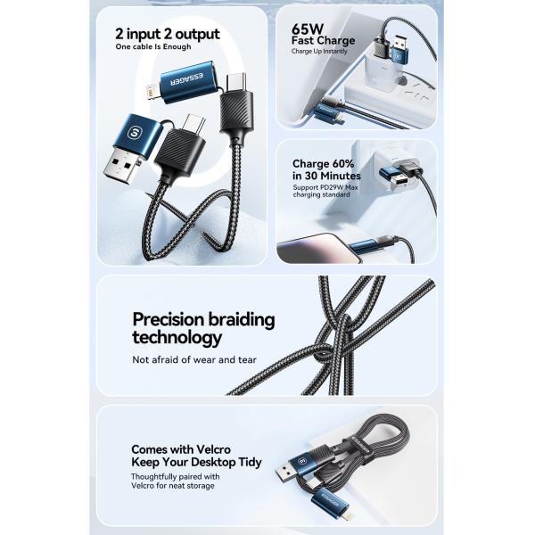 ESSAGER ES-X49 65W Usb to Type C Lightning 4 in 1 Charger Data Cable for Phone Laptop