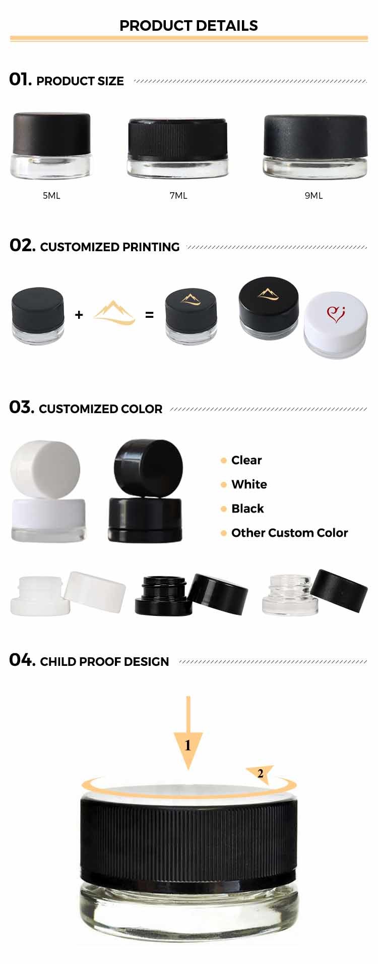 Белая концентрированная стеклянная банка с CR винтовой крышкой Clear Blach Custom Wax Jar Dab Jar Packaging
