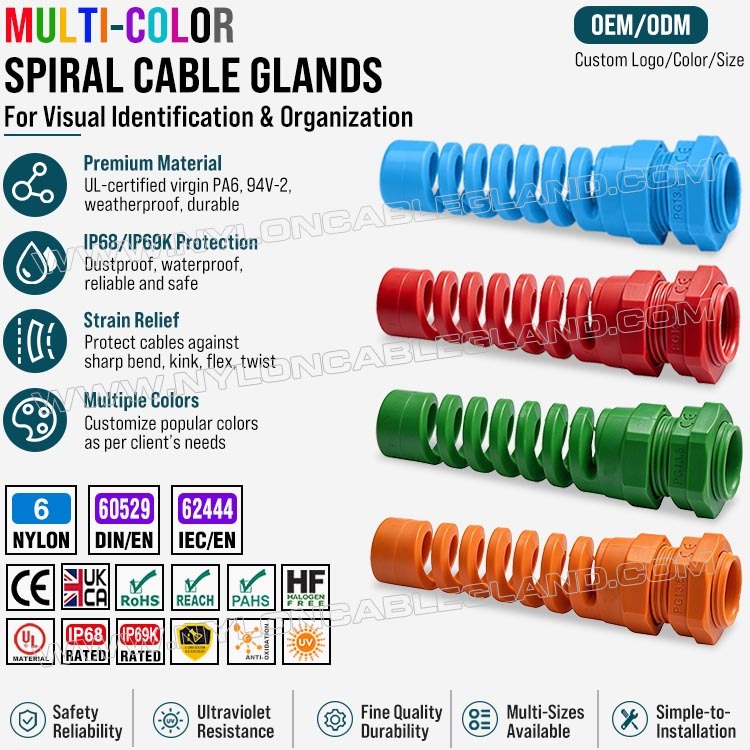 Manufacturer of Colored Spiral Strain Relief Nylon Polyamide Cable Glands & OEM Cable Management Solution in China Colored Strain Relief Cable Gland Nylon 6 (Polyamide 6/PA6), PG13.5 (Ø 6-12mm & 5-9mm), IP68 & IP69K, for Cable Identification & Organization