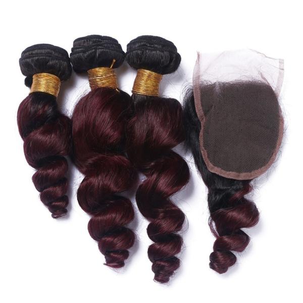 Loose Wave 1B/99J Human Hair Brazilian Loose Wave Hair 3 Bundle with Closure Colorful Hair Bundles With Closure Deal