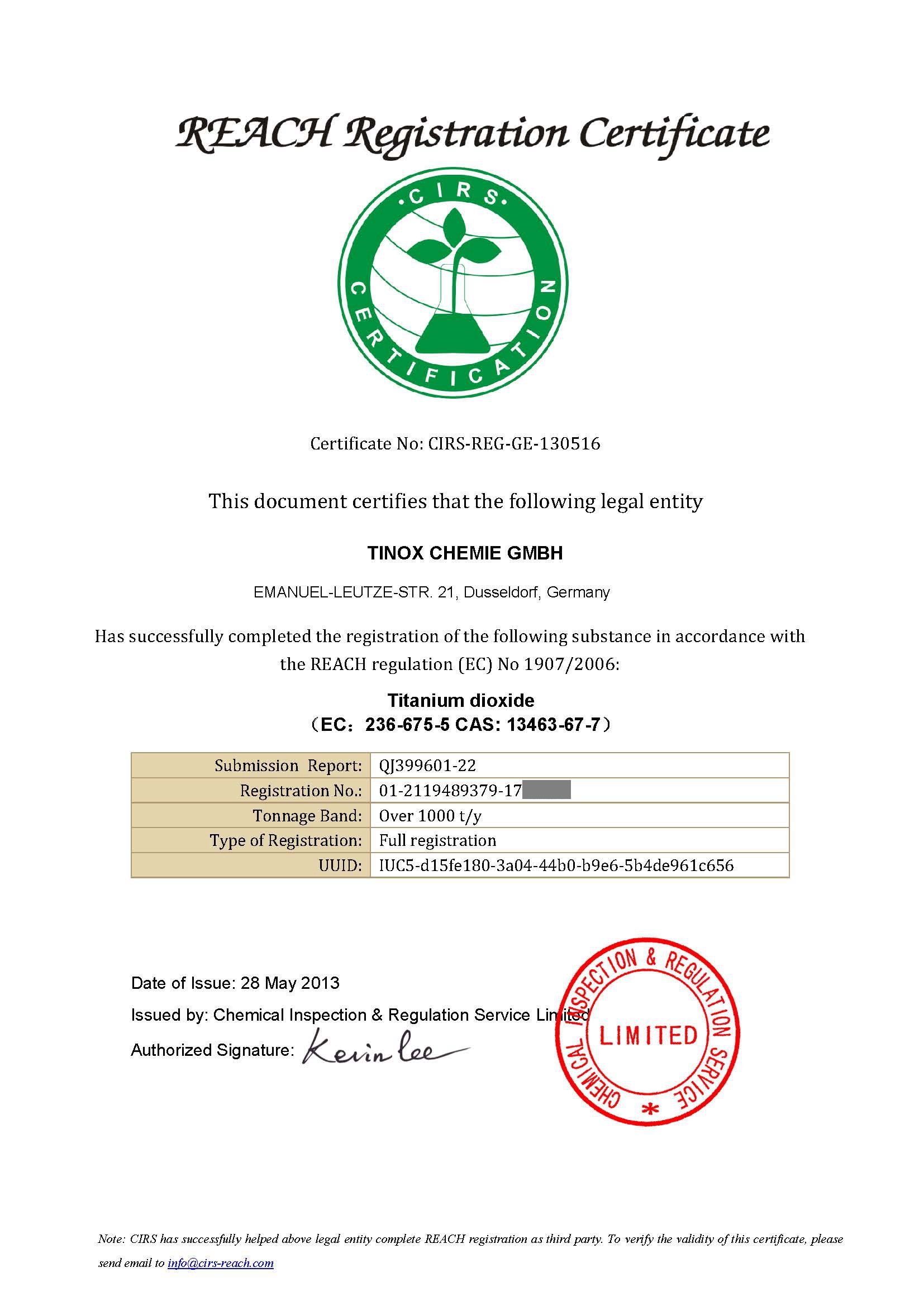 Tinox Chemical Co., Ltd. Сертификации