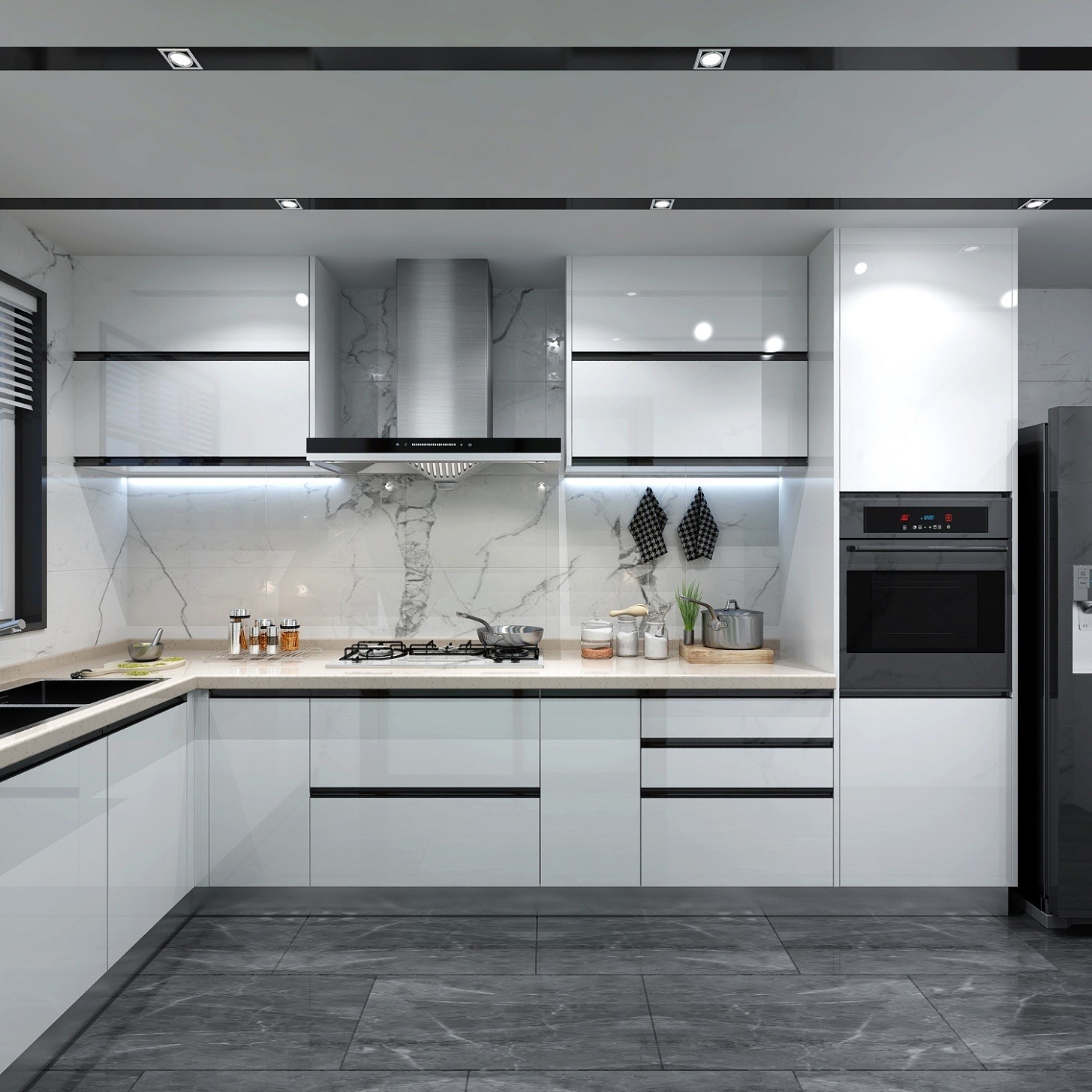 Kitchen Cabinets Modern Design with Quartz Stone Countertop and Backsplash Accessories