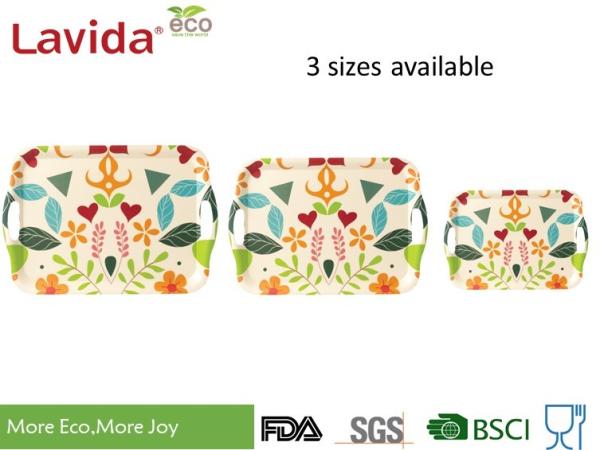 BSCI Audi Factory Bamboo Fiber Tray with side handles Bread Coffee Serving Tray Fruit Tray with food grade prints