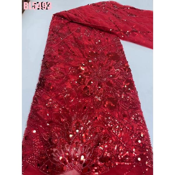 Latest fashionable aso ebi beaded lace wedding dress with shiny beaded French mesh lace with colorful beaded