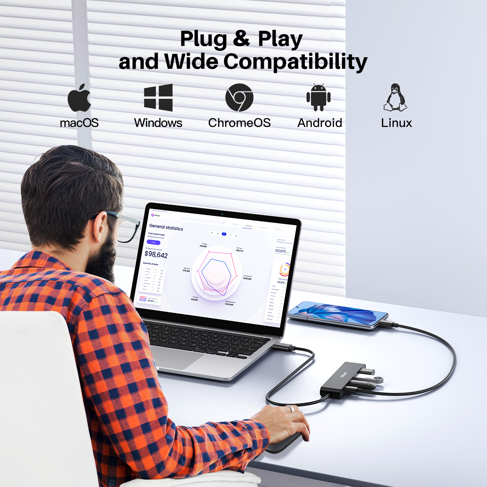 Silver / Black 4 Port USB C Hub 10Gbps USB C And A Hub For Laptop PC Mac External SSD
