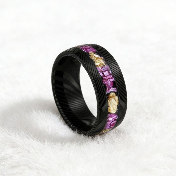 8mm Black Damascus Steel Ring with Amethyst & Gold Leaf Inlay - Stylish Wedding Band for Men and Women