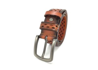 Men's Large Metal Buckle Hollow Wide Waist Belt Genuine Leather 1.5 Inches Wide Tan Color
