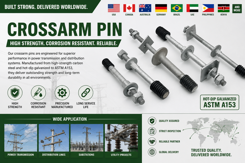 Wide Base Crossarm Pin HDG | Nylon Thread Insulator Stud | ASTM A153 Crossarm Pin