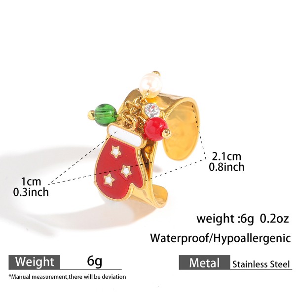 Fashion Popular Stainless Steel Enamel Christmas Tree Stocking Reindeer Snowflake Jewelry Rings 18k Gold Plated Adjustable Ring
