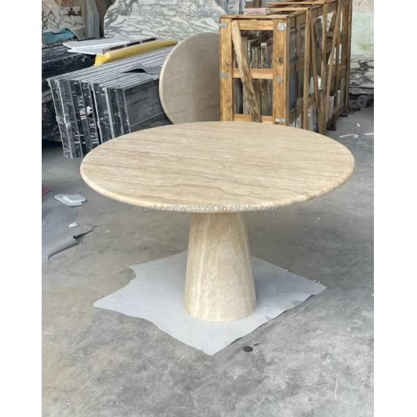 Polished Beige Round Travertine Dining Table Modern Stone Furniture for Living Room
