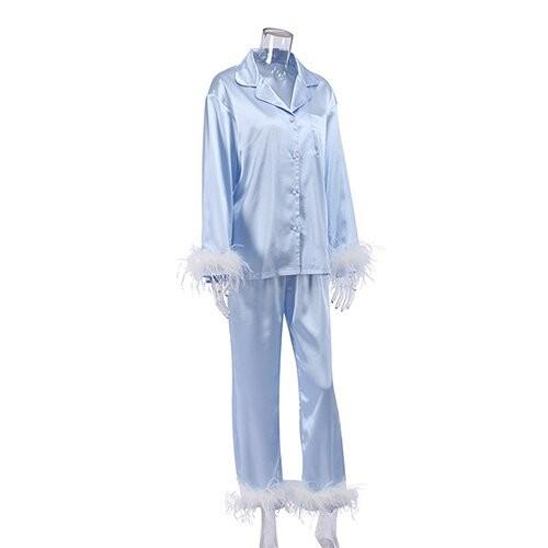 OEM maufactory  Spring European And American Pajamas Silk Long Sleeved Pajamas Turn Over Neck