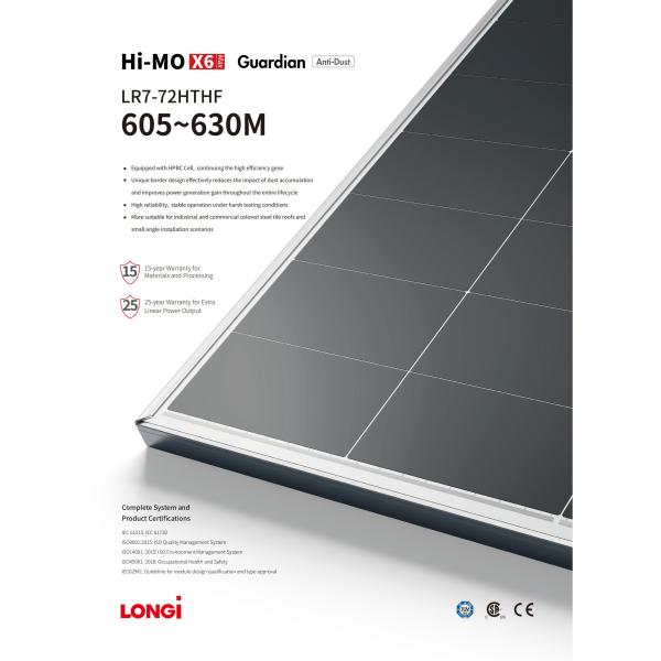 Monocrystalline Silicon Solar PV Module 605W-630W with 22.4%-23.3% Panel Efficiency