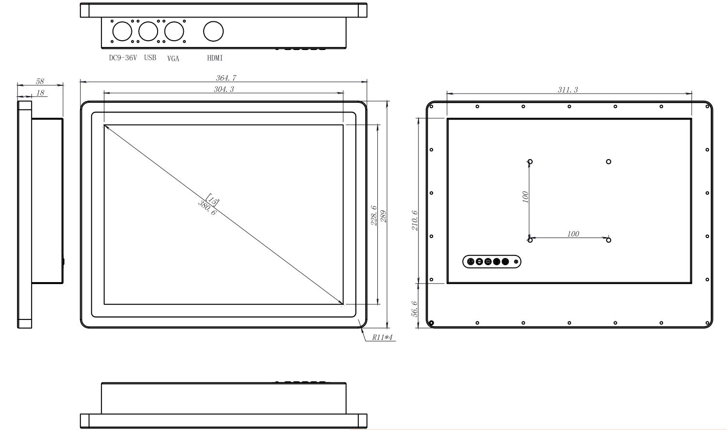Nits монитора 1000 касания солнечного света читаемые 35W 15in промышленные LCD
