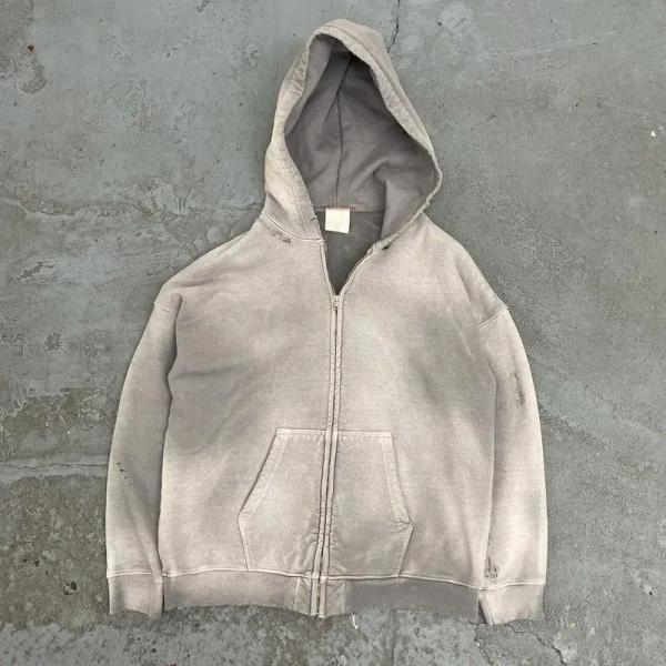 Gym Brown Acid Wash Fleece Zip Hoodie Streetwear Cotton Hoodie Blank Zip Up Vintage Acid Wash Sun Faded Distressed