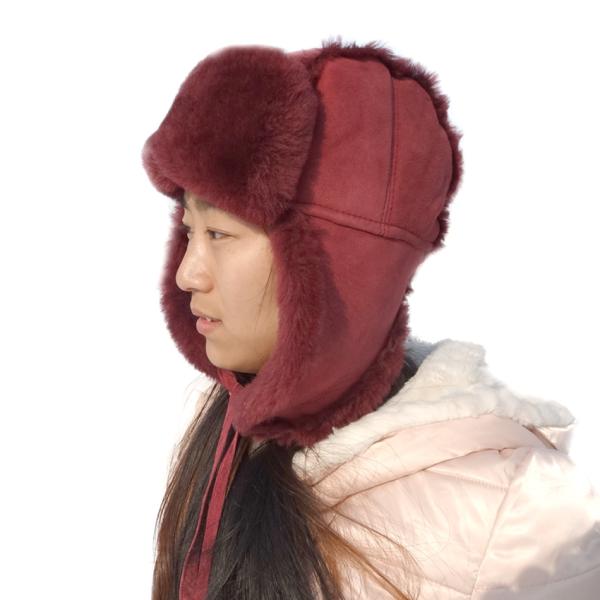 Australian Shearling Sheepskin Double Face Ladies Leather Fur Trim Trapper Hat with Earflap in Winter