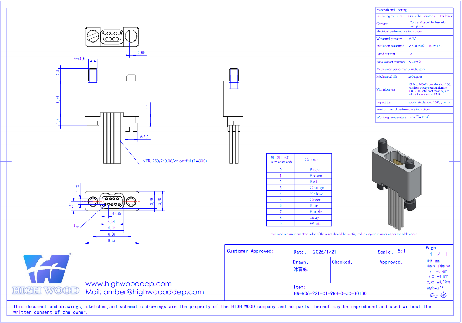 Customized Rectangular Micro-D Connector HW-R06-221-C1-9RH-0-JC-30T30