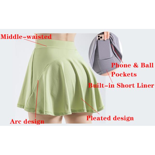 юбка тенниса зеленых женщин нейлона задыхается плиссированная носка тенниса высокого кармана талии мягкая