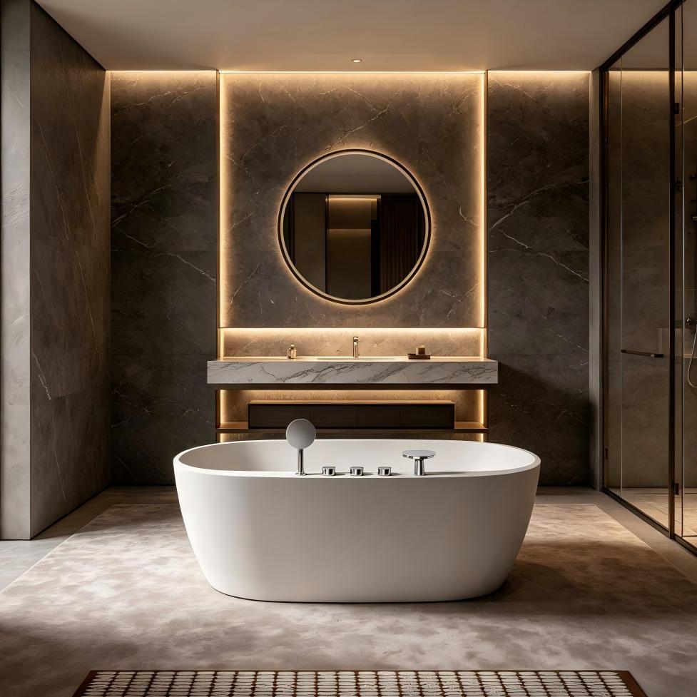White Streamlined Soaking Stone Resin Freestanding Tub 55 Inch