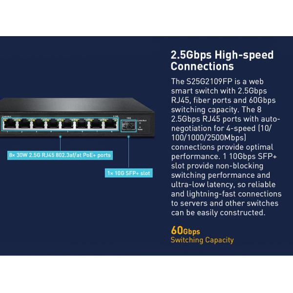 8-портовый 2.5G бесканатный световой управляемый рабочий стол PoE переключатель с 1 * 10G SFP Uplink OEM / ODM