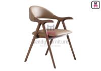 Ash Wood Brown Leather Dining Chair With Armrests
