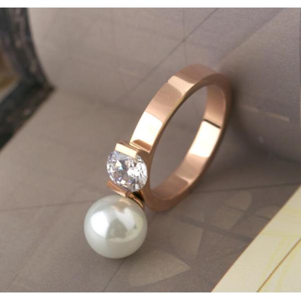 Fashion Jewelry Couples Stainless Steel Gold Plated Pearl Diamond Ring