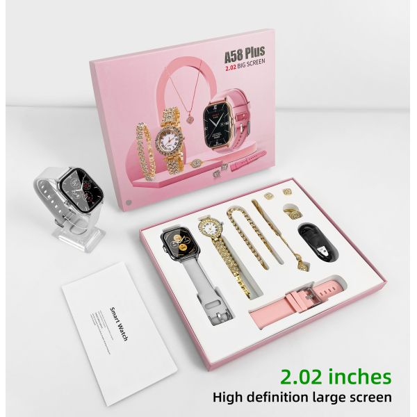 Eraysun 7 in 1 Strap A58 Plus Smart Watch 2.01inch Square Silicone Strap Quartz Lady Watch Necklace Ring A59 Plus Smartwatch