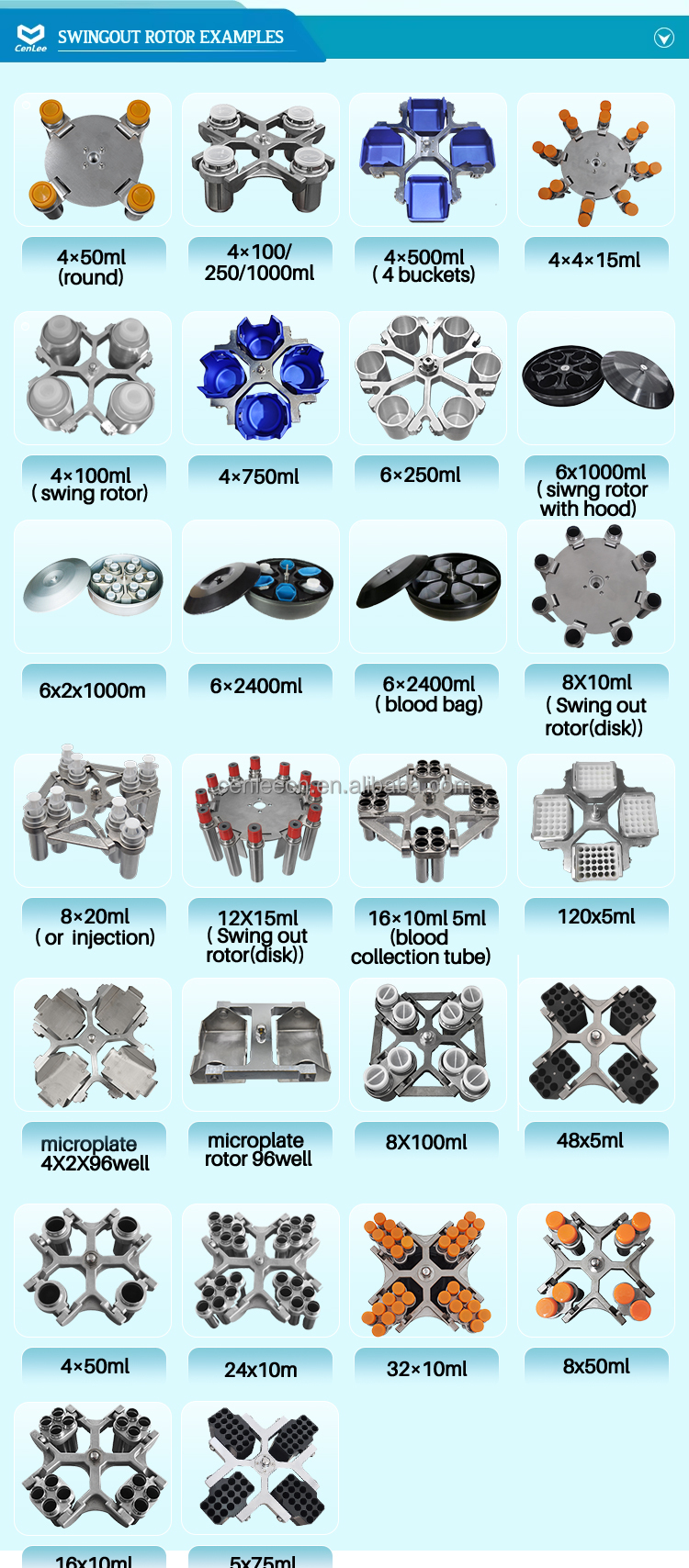 CENLEE Swingout Rotor 4x750ml 4x500ml Buckets 6x2400ml 4x250ml 12x15ml Centrifuge Rotor 96well Micro Plate Rotor